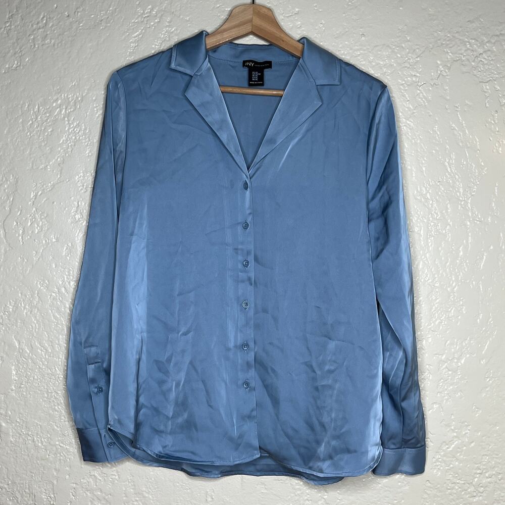 Jones New York Women's Blue Satin Long Sleeve Button Career Blouse Size XS